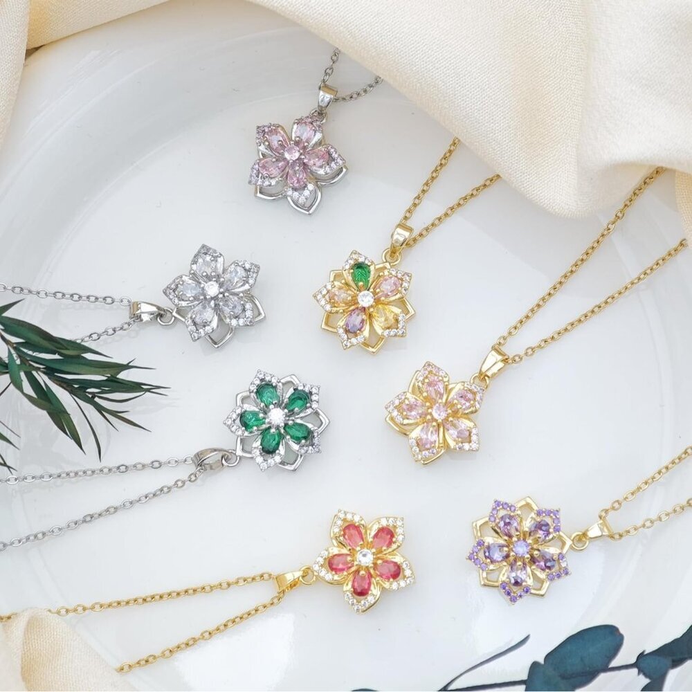 Women Flower Fidget Silver White Set2 Necklace Rotatable Crystal Blossom Pendant - Picture 6 of 7